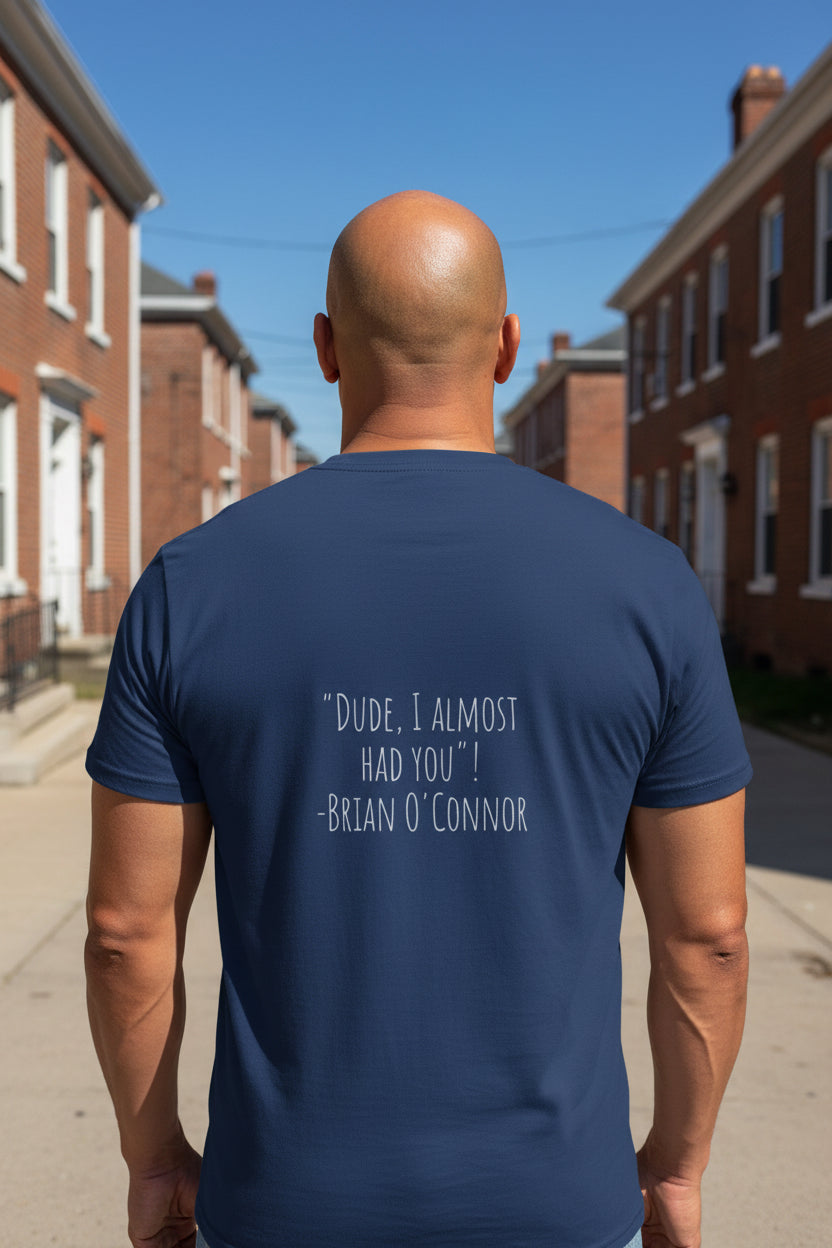 Male model wearing a Navy Paul Walker DUDE T-Shirt showing backside - UpNorth SPORTS