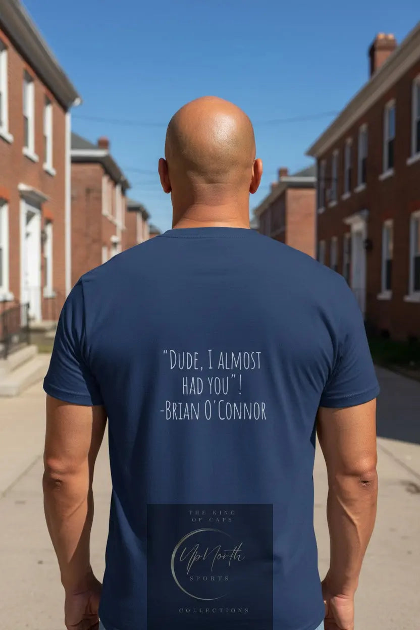 Male model wearing a Navy Paul Walker DUDE T-Shirt showing backside - UpNorth SPORTS