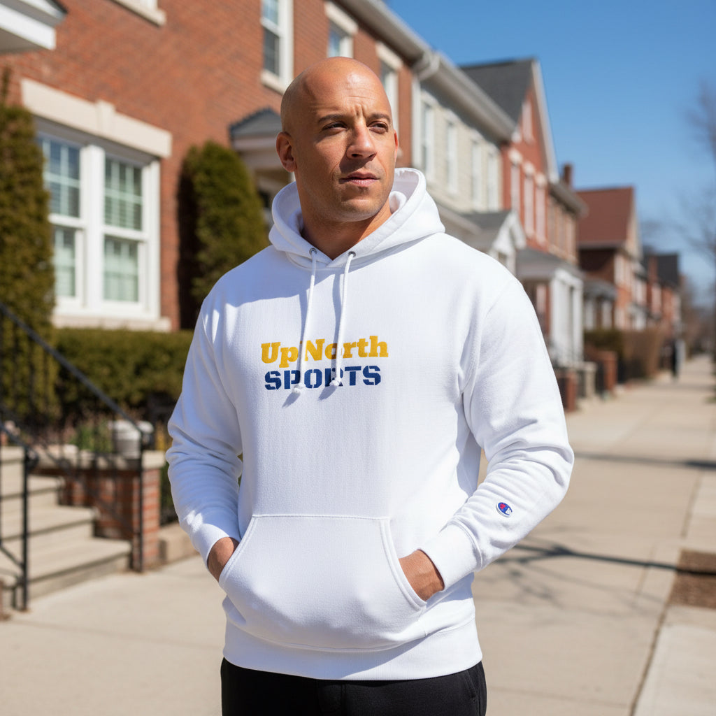 Male model wearing a White Champion Hoodie Sweden Edition - UpNorth SPORTS