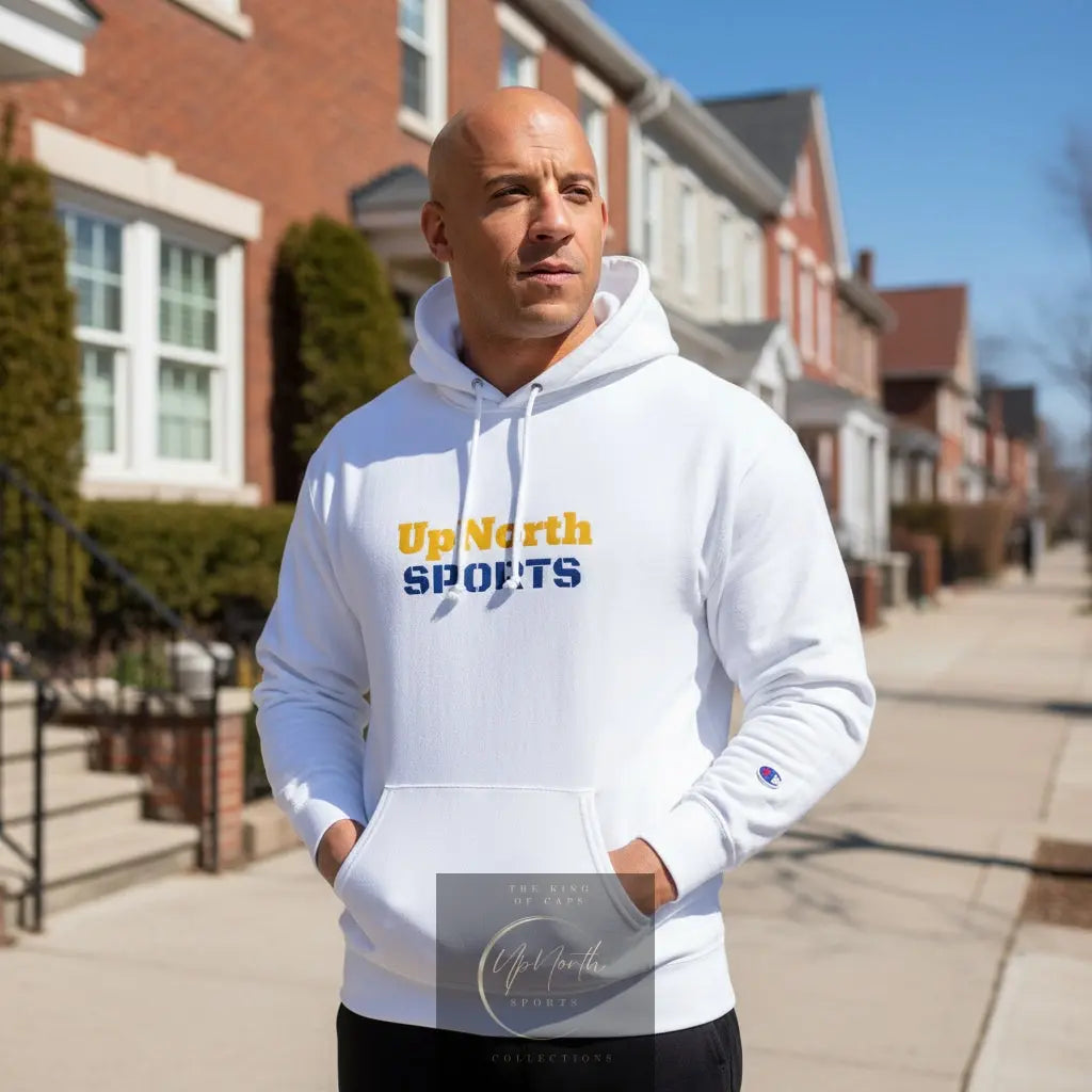 Male model wearing a White Champion Hoodie Sweden Edition - UpNorth SPORTS