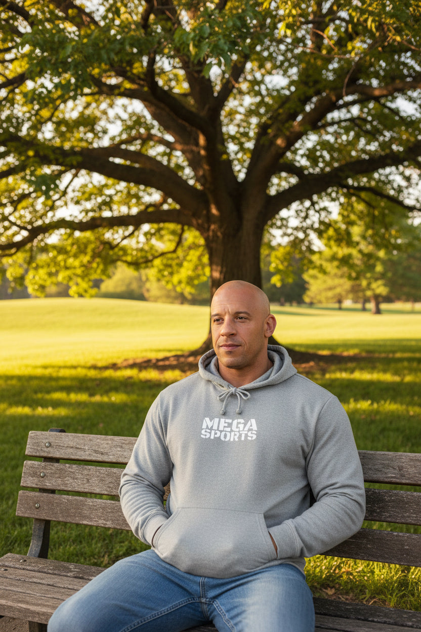 Male model wearing a Grey Heather Premium MEGASports Adidas Hoodie - UpNorth SPORTS