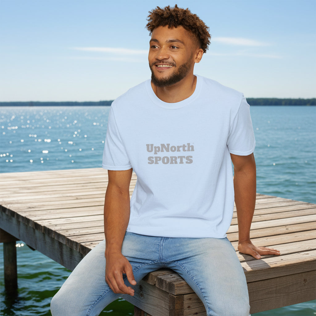 Male model wearing a Light Blue Grey Unisex T-Shirt - UpNorth SPORTS