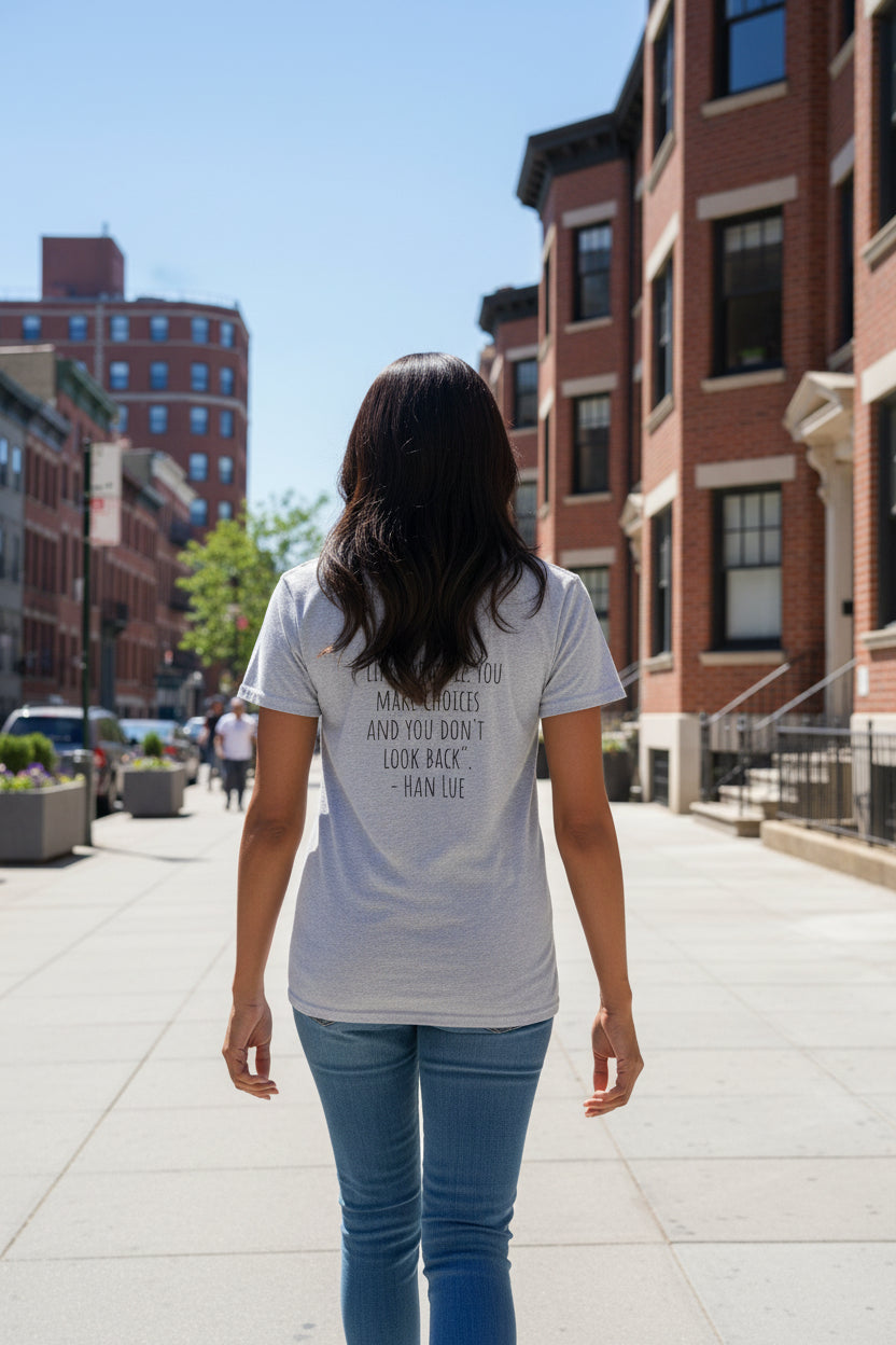 Woman model wearing a Han Lue LIFE Grey T-shirt showing backside - UpNorth SPORTS
