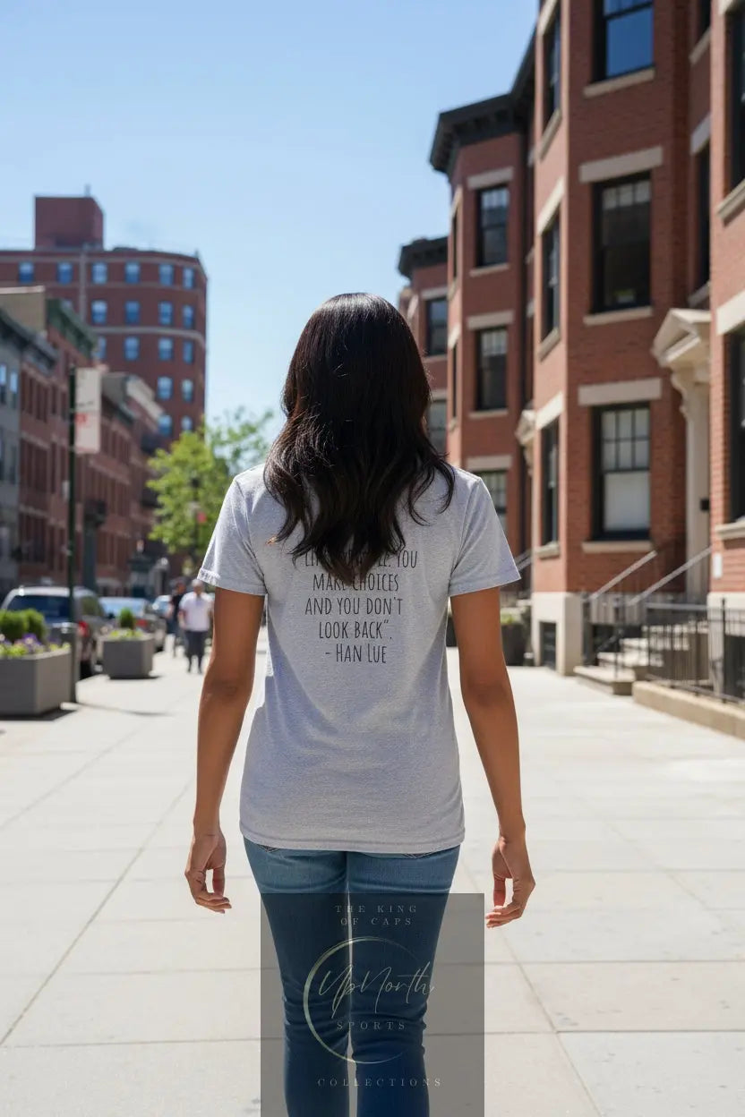 Woman model wearing a Han Lue LIFE Grey T-shirt showing backside - UpNorth SPORTS