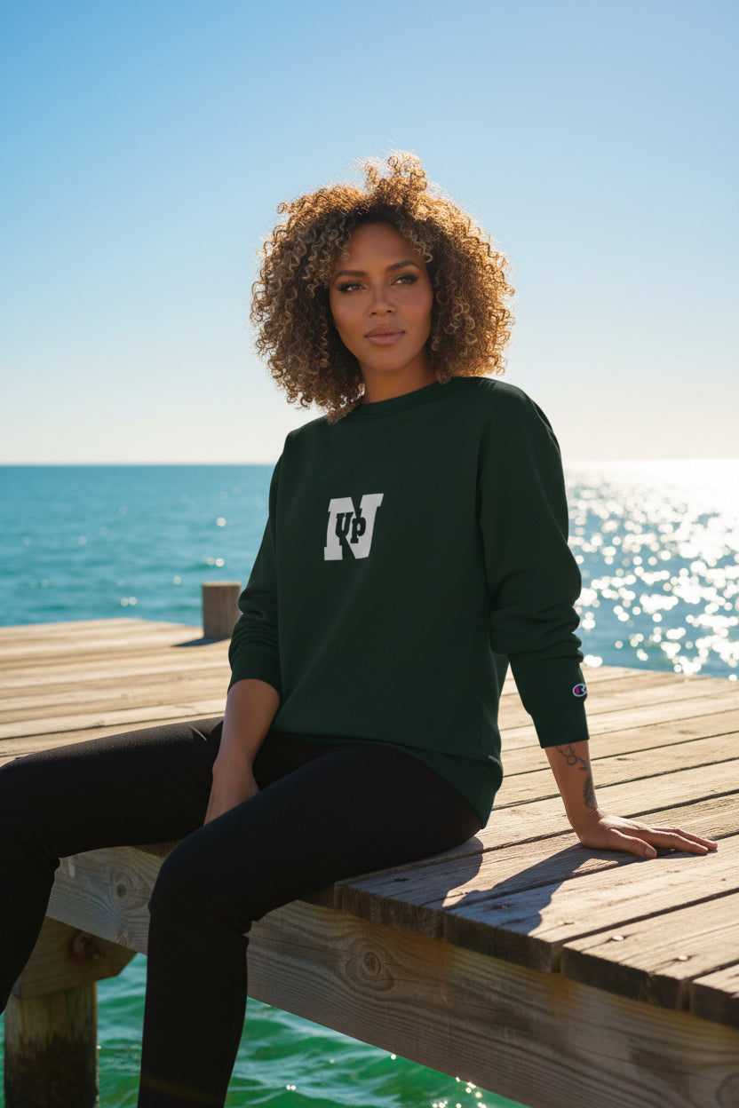 Woman model wearing a Black UpN Champion Sweatshirt - UpNorth SPORTS