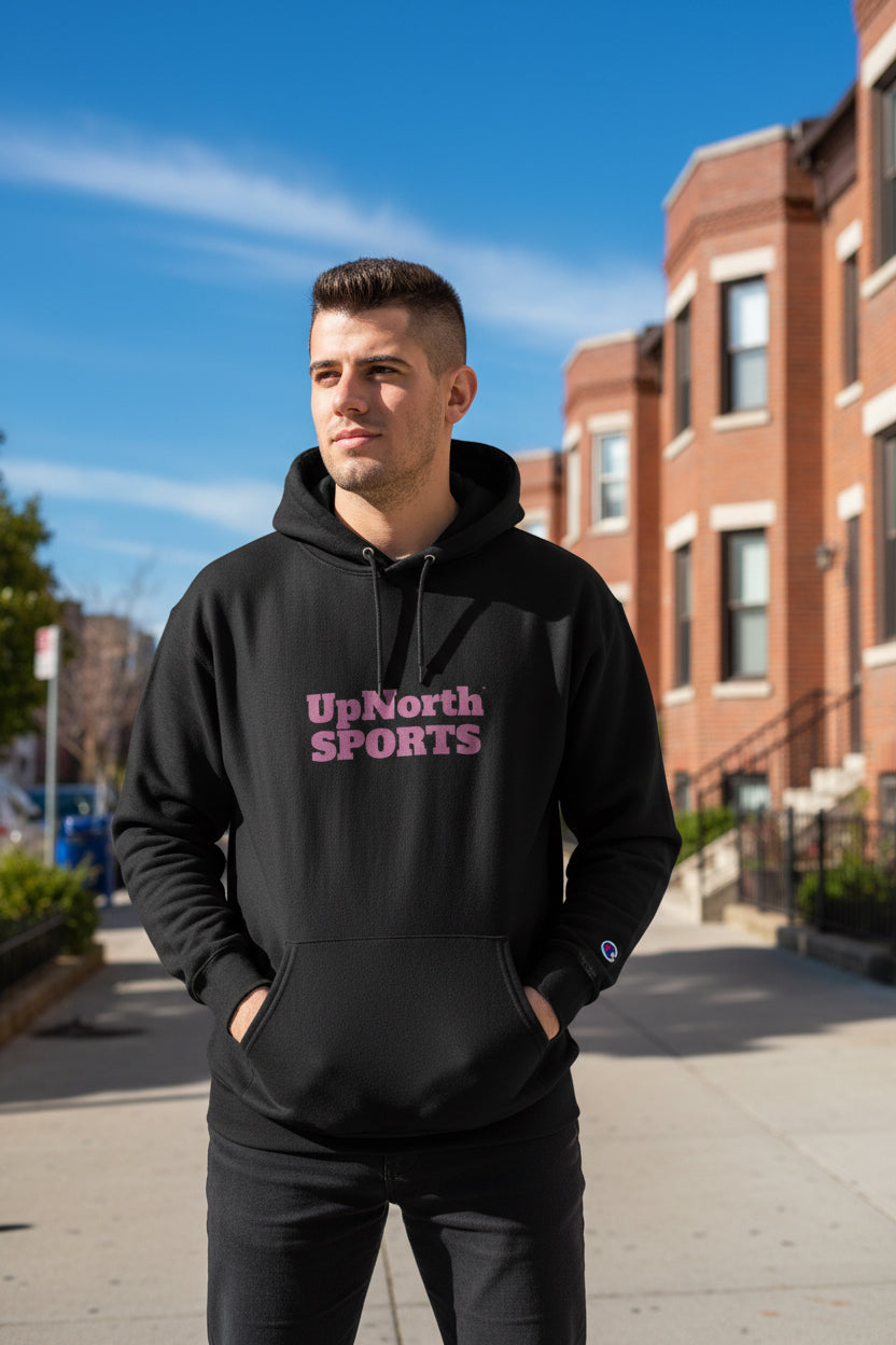 Male model wearing a Black Pink UpNorth SPORTS Champion Hoodie - UpNorth SPORTS