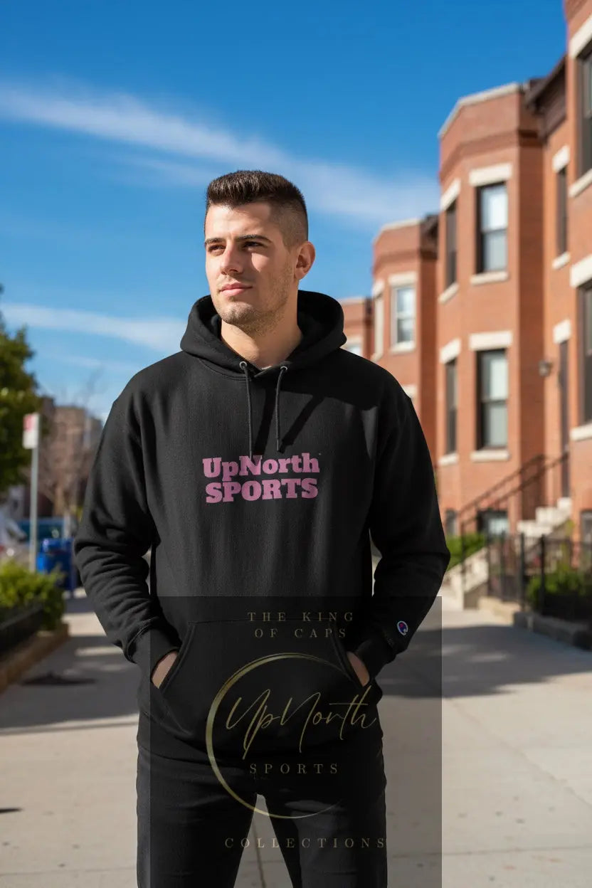 Male model wearing a Black Pink UpNorth SPORTS Champion Hoodie - UpNorth SPORTS