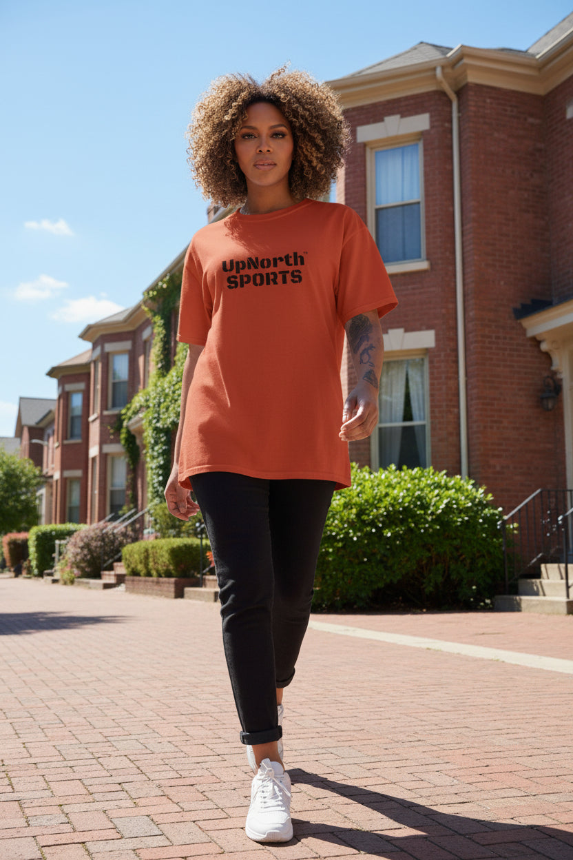 Woman model wearing a UpNorthSPORTS Orange Champion T-Shirt - UpNorth SPORTS