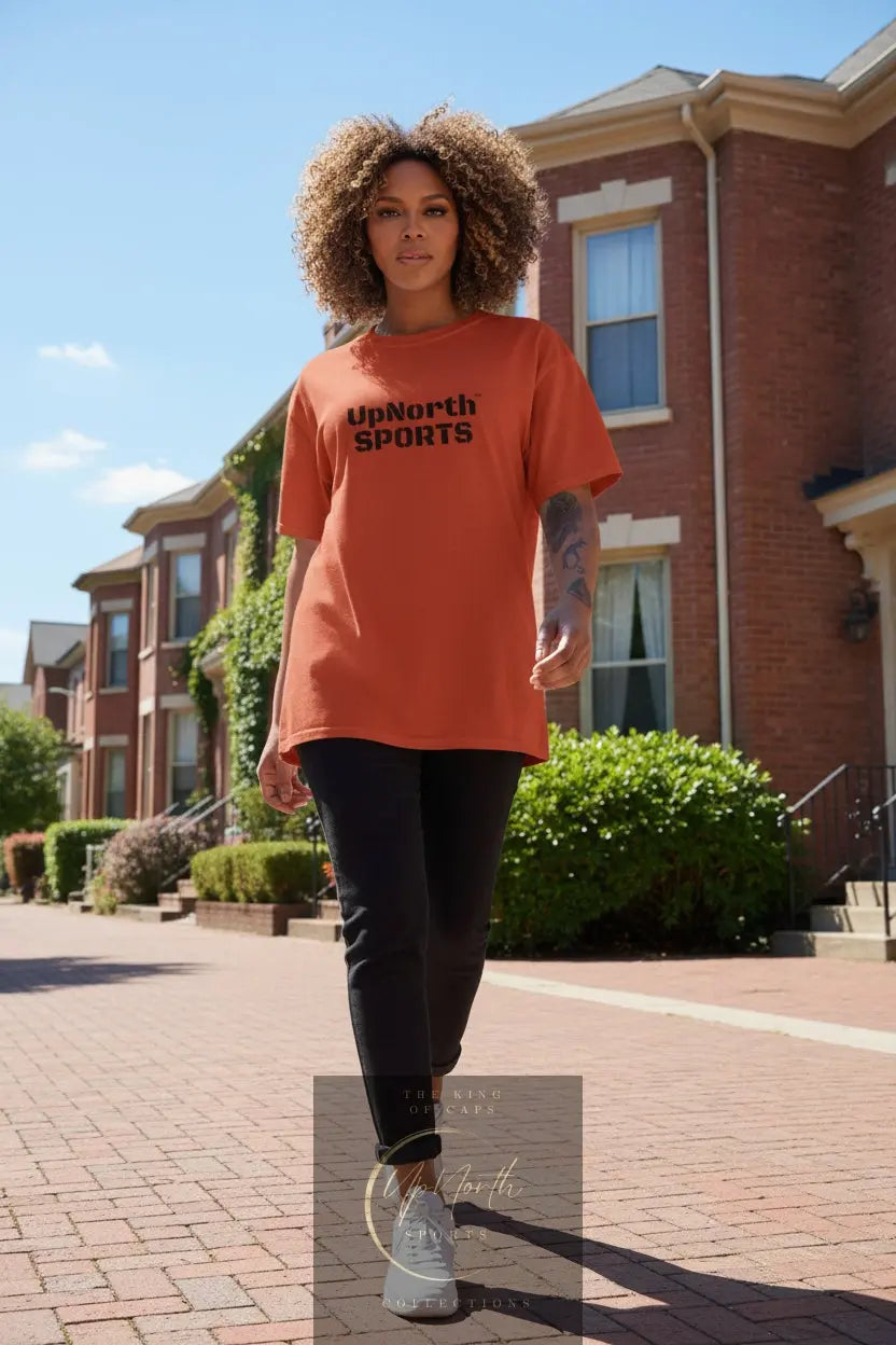 Woman model wearing a UpNorthSPORTS Orange Champion T-Shirt - UpNorth SPORTS