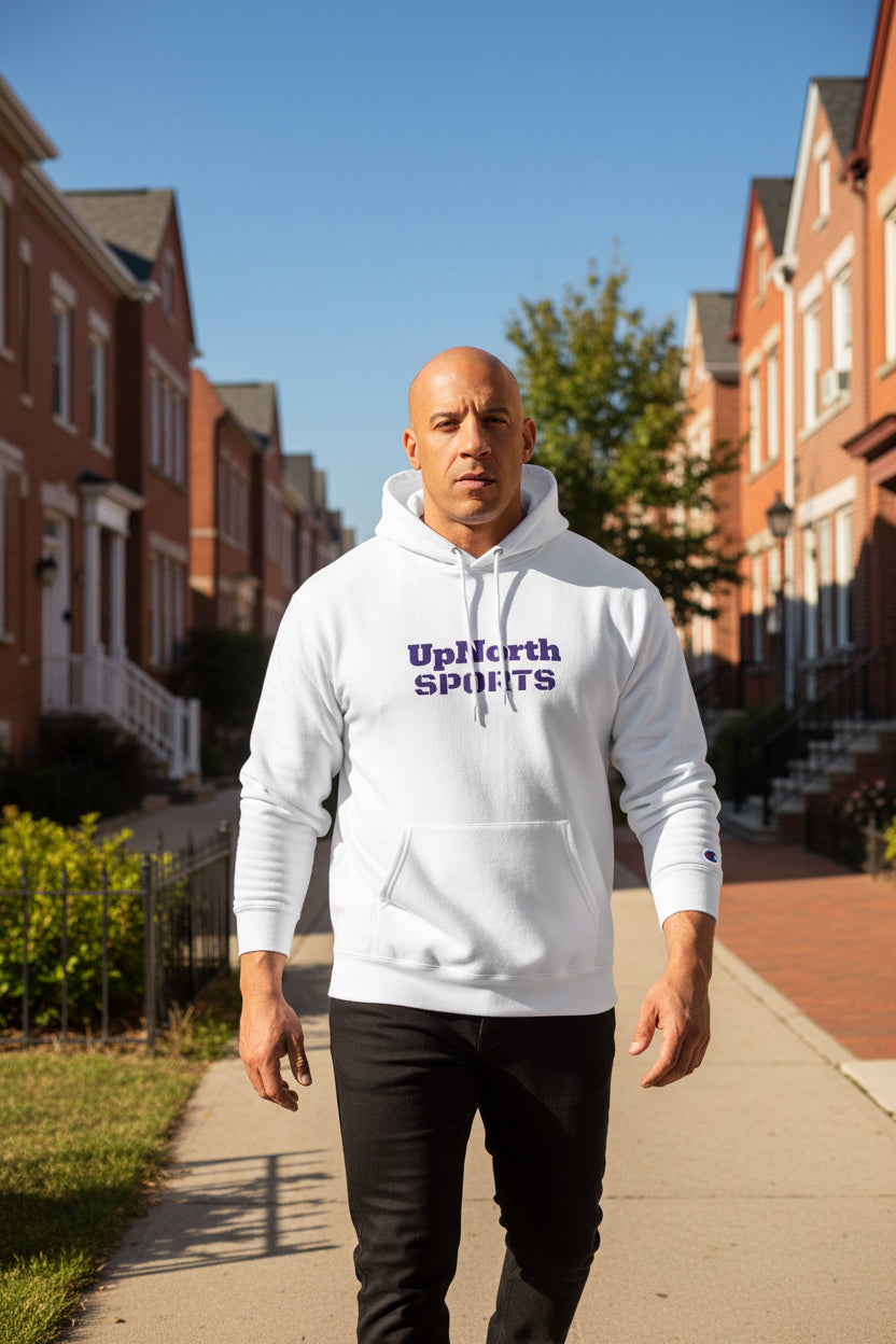 Male model wearing a White UpNorth Sports Purple Champion Hoodie - UpNorth SPORTS