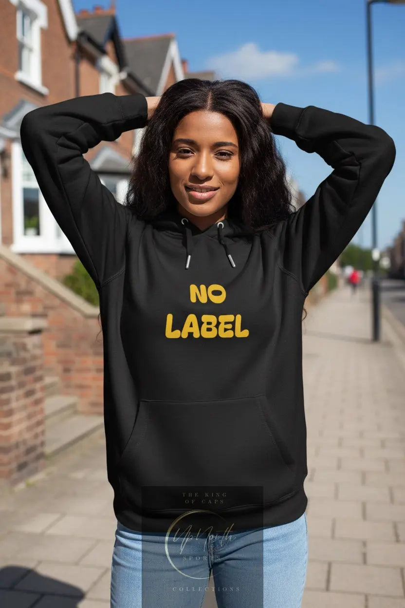 Woman model wearing a No Label Yellow logo on Pure Black Hoodie - UpNorth SPORTS