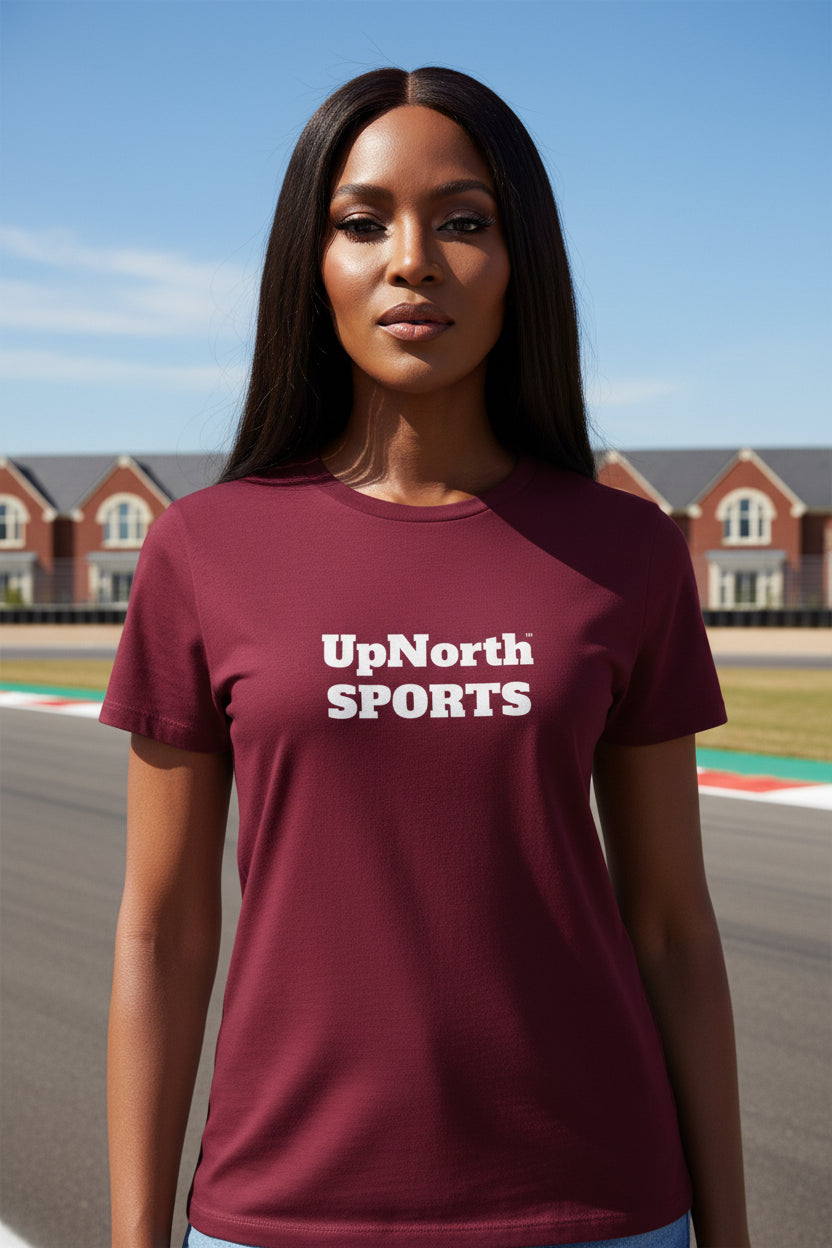 Woman model wearing a UpNorth SPORTS Burgundy T-Shirt - UpNorth SPORTS