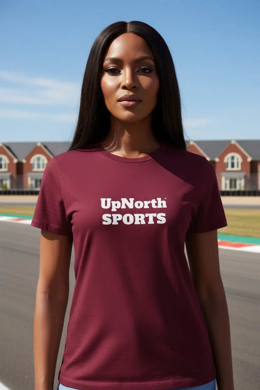 Woman model wearing a UpNorth SPORTS Burgundy T-Shirt - UpNorth SPORTS