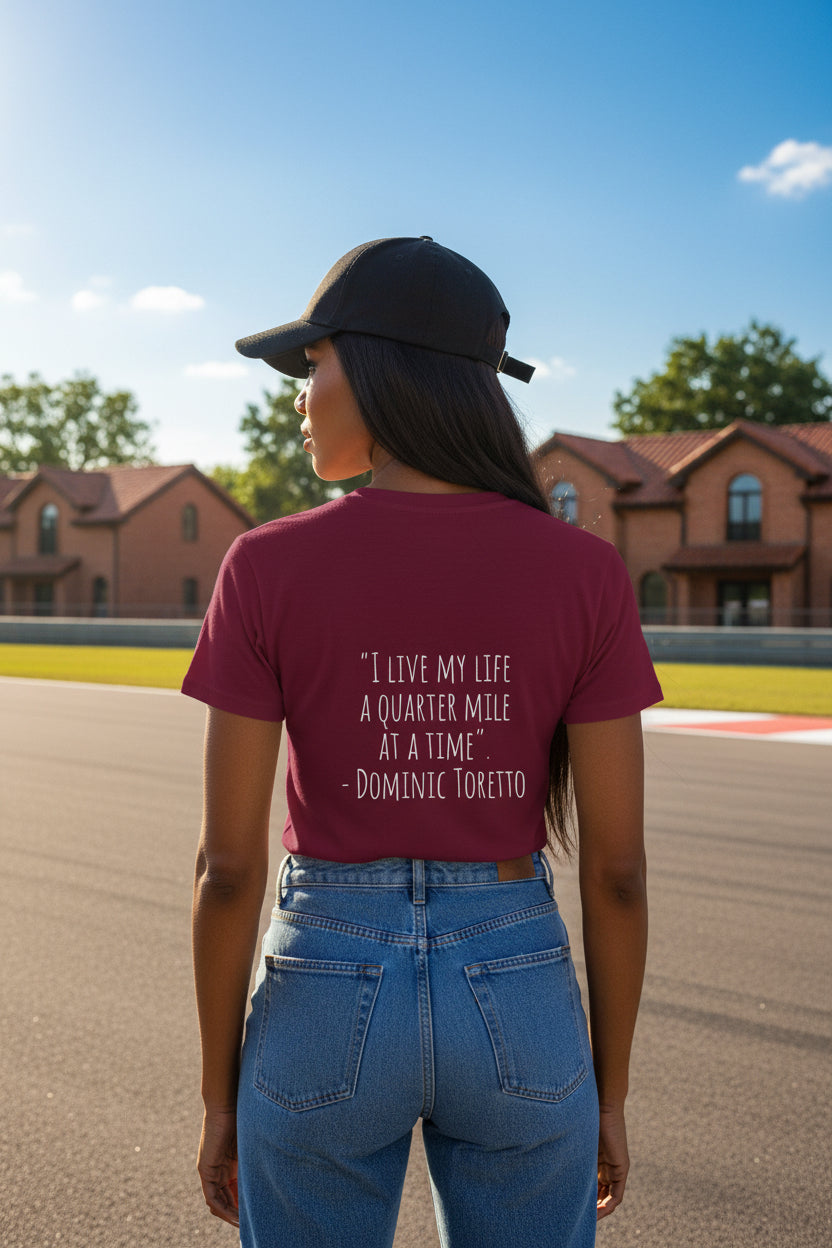 Woman model wearing a UpNorth SPORTS Burgundy T-Shirt showing backside - UpNorth SPORTS
