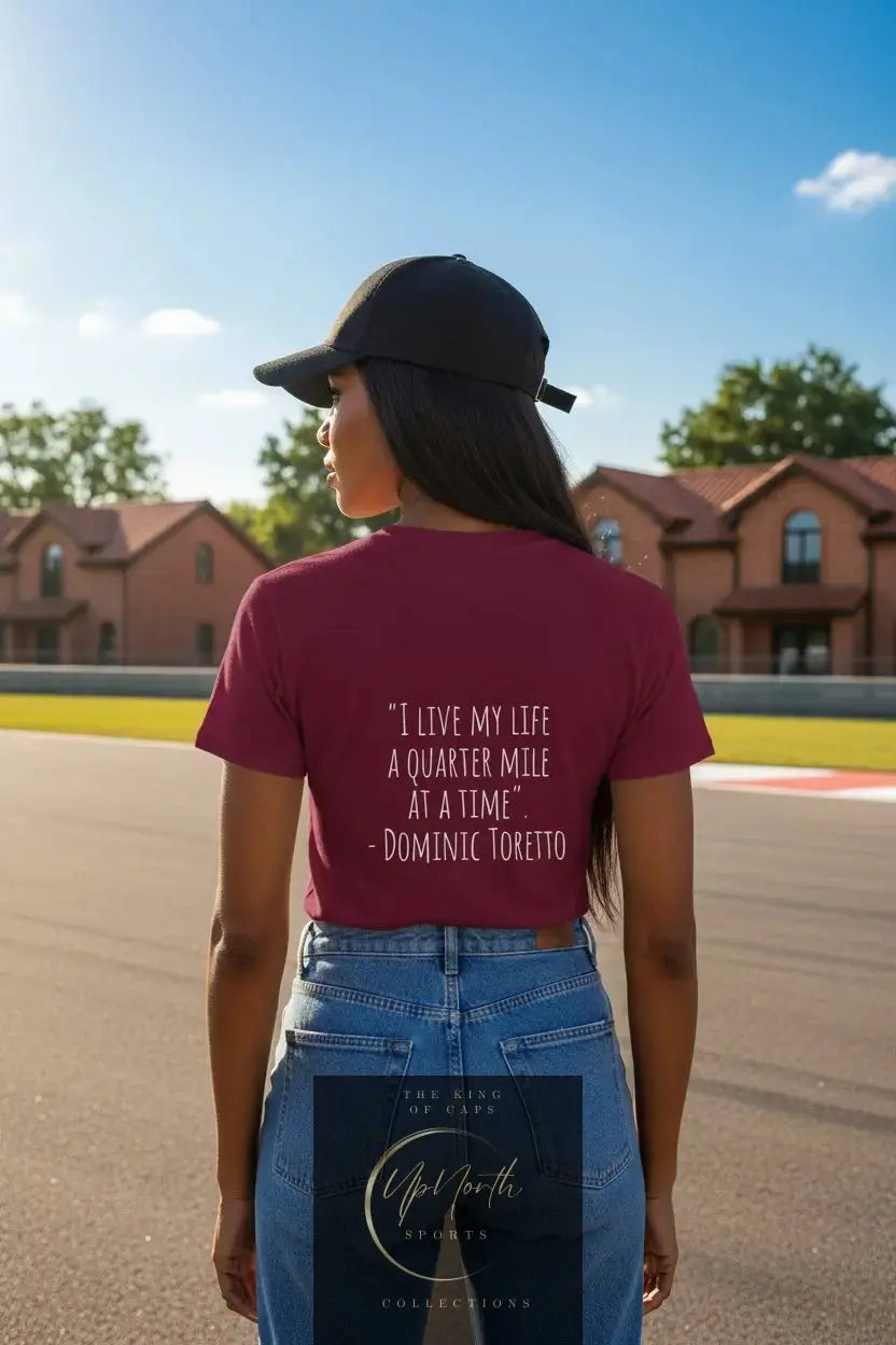 Woman model wearing a UpNorth SPORTS Burgundy T-Shirt showing backside - UpNorth SPORTS