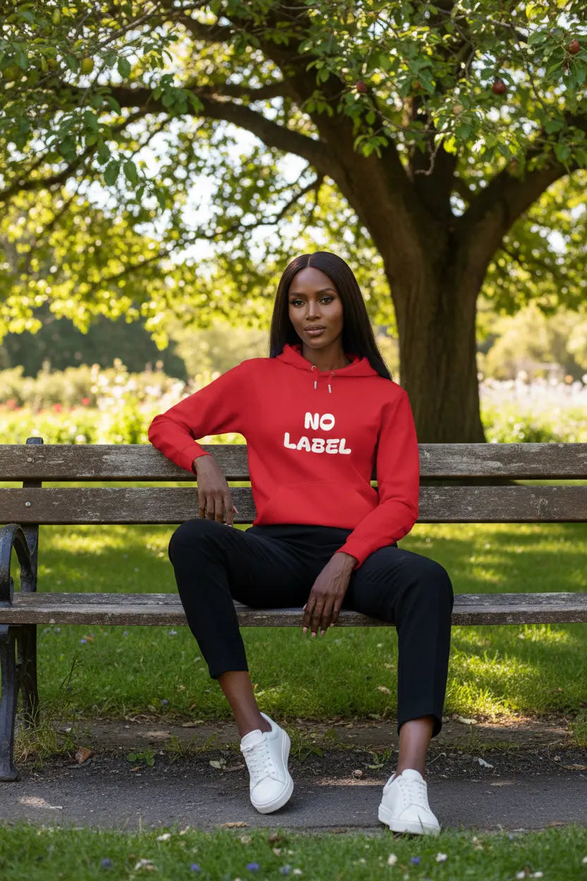 Woman model wearing a No Label White logo on Red Hoodie showing front - UpNorth SPORTS