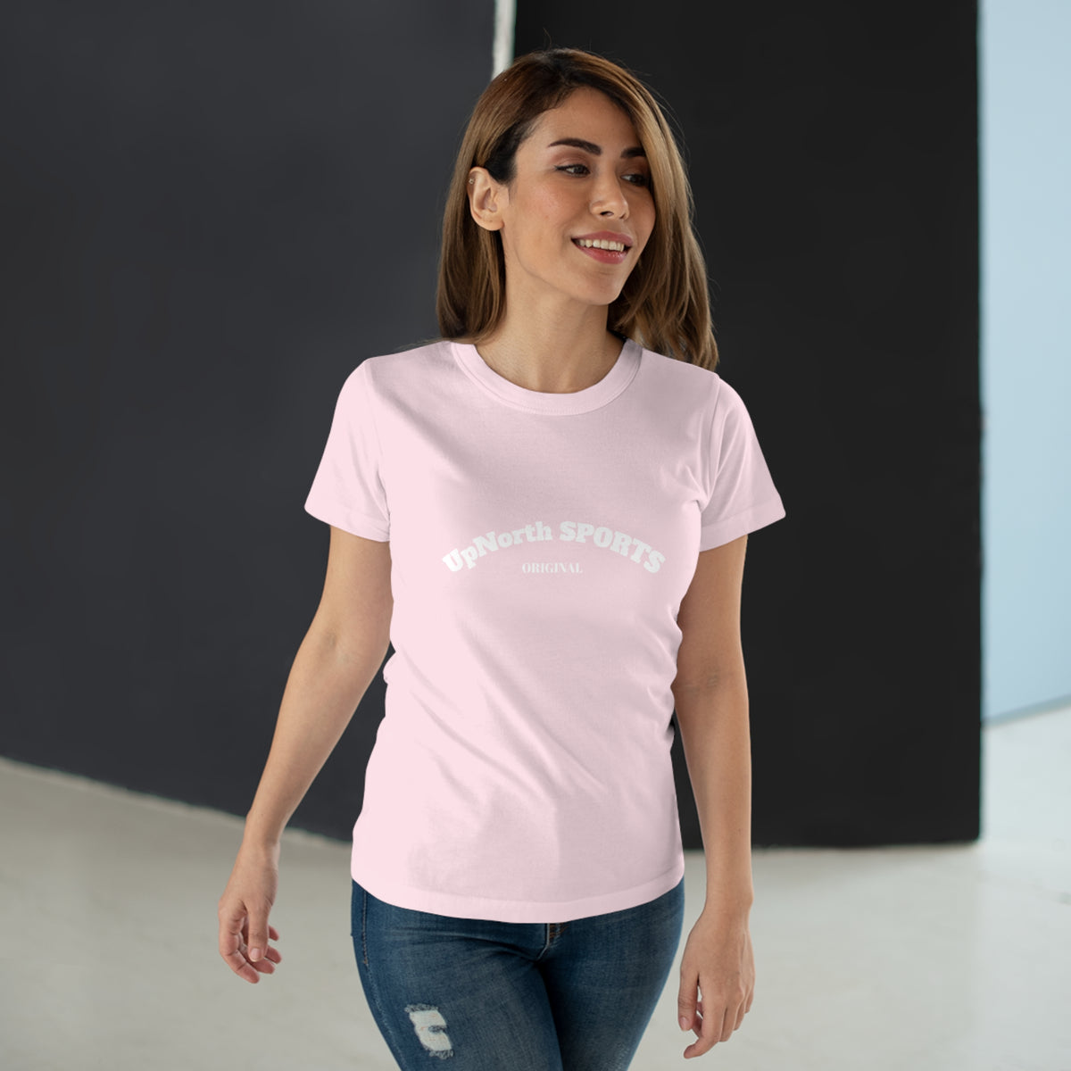 Female model wearing a Orchid Pink White Women T-Shirt showing front - UpNorth SPORTS