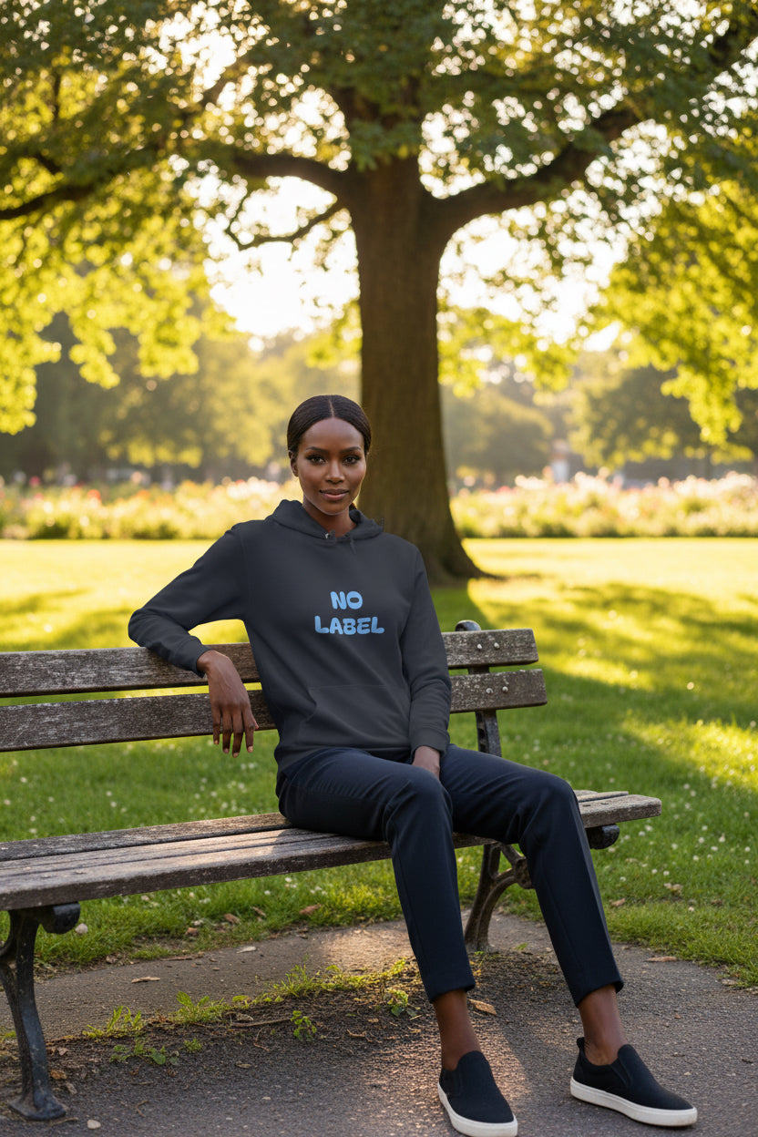 Woman model wearing a No Label Light Blue on Navy Hoodie - UpNorth SPORTS
