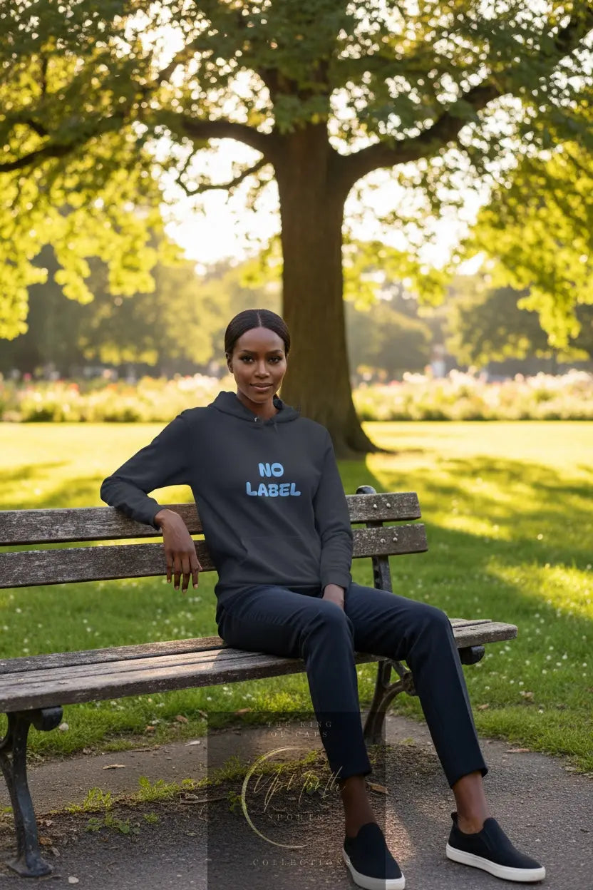 Woman model wearing a No Label Light Blue on Navy Hoodie - UpNorth SPORTS