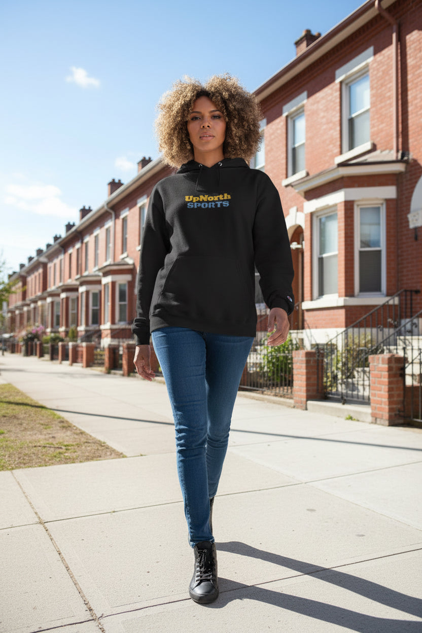 Woman model wearing a Black Sweden Edition Champion Hoodie - UpNorth SPORTS