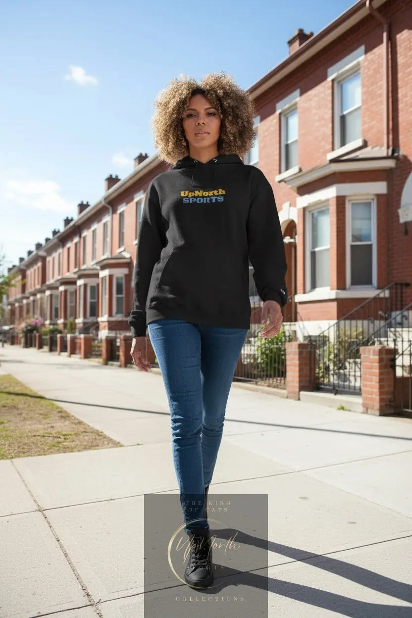 Woman model wearing a Black Sweden Edition Champion Hoodie - UpNorth SPORTS