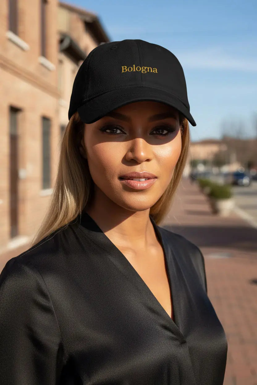 Woman model wearing a Baseball Cap Bologna yellow on black UpNorth SPORTS