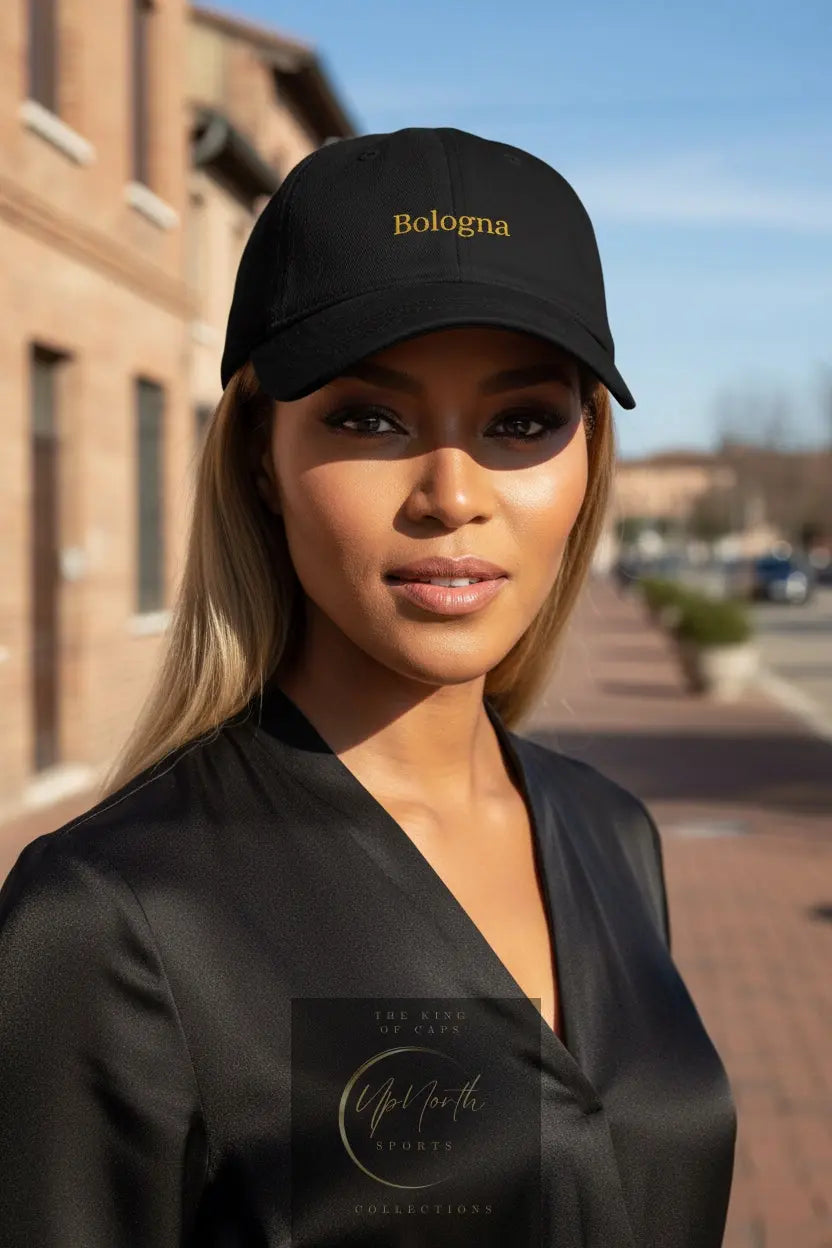 Woman model wearing a Baseball Cap Bologna yellow on black UpNorth SPORTS
