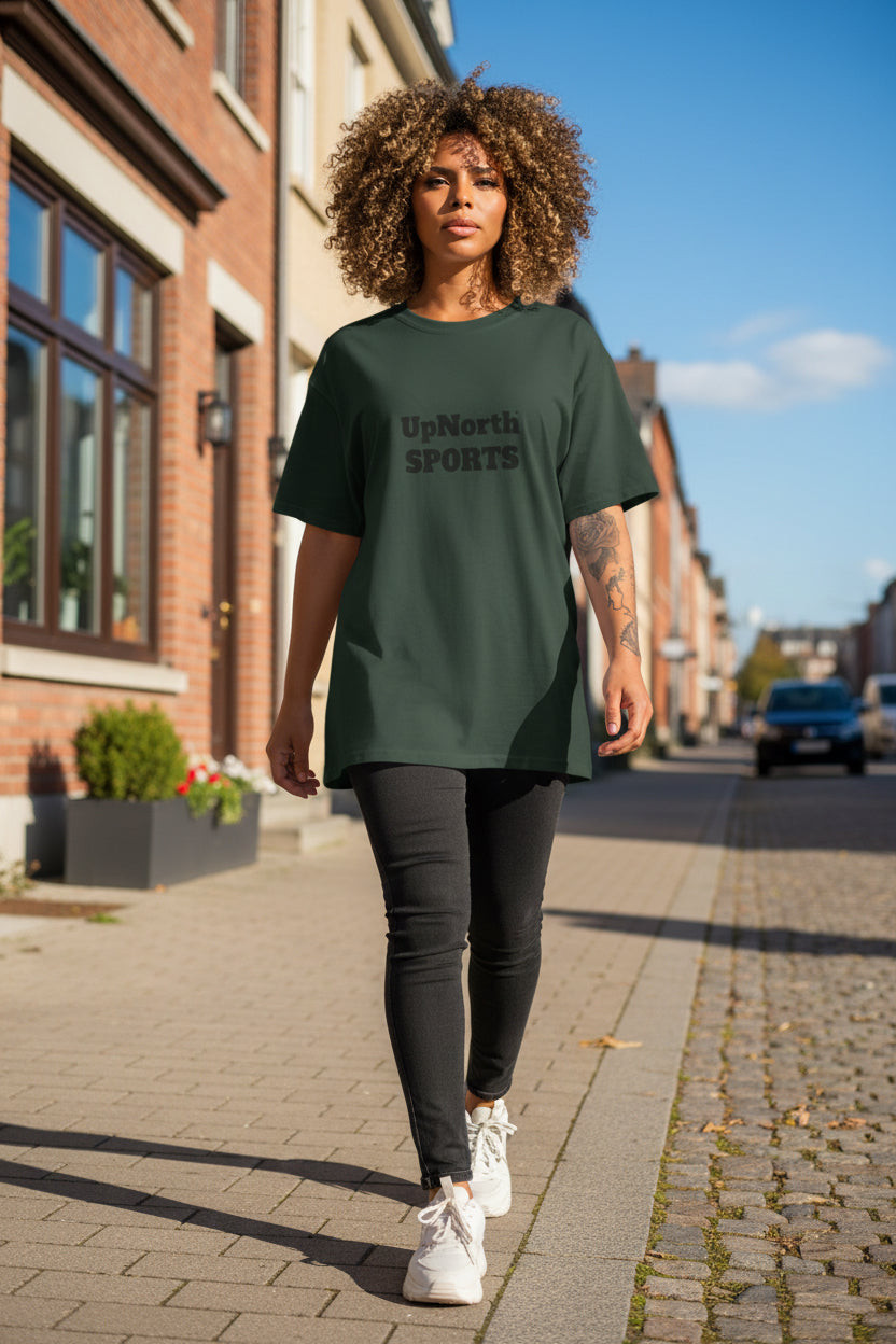Woman model wearing an UpNorthSPORTS Dark Green Champion T-shirt - UpNorth SPORTS