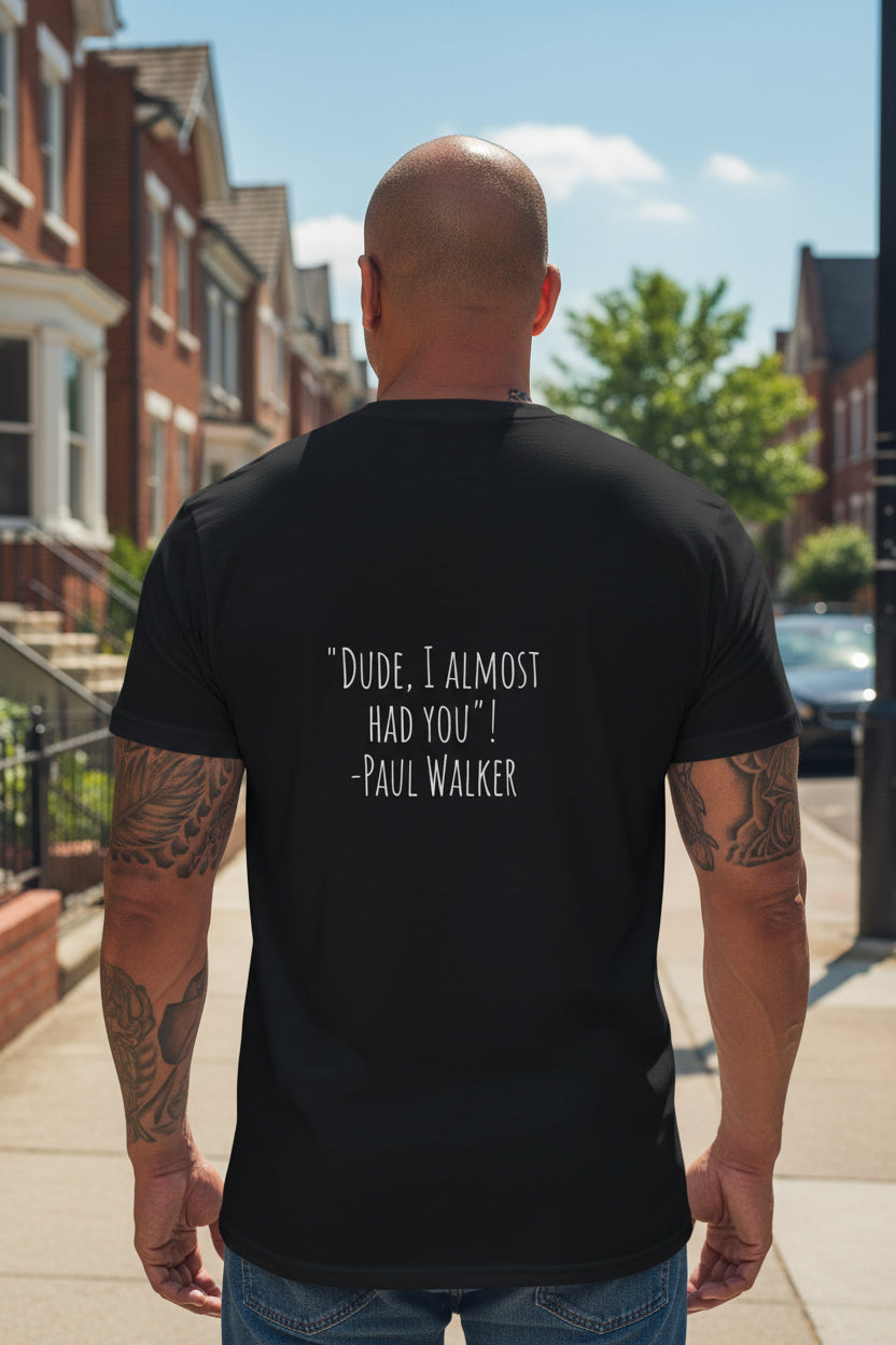 Male model wearing a Paul Walker DUDE Black T-shirt showing backside - UpNorth SPORTS