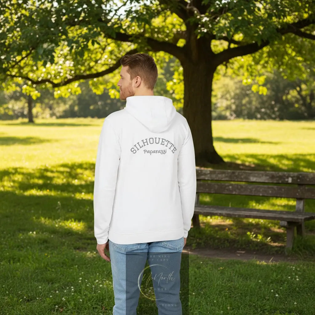 Male model wearing a White Premium Paparazzi Silhouette Adidas Hoodie - Paparazzi Original