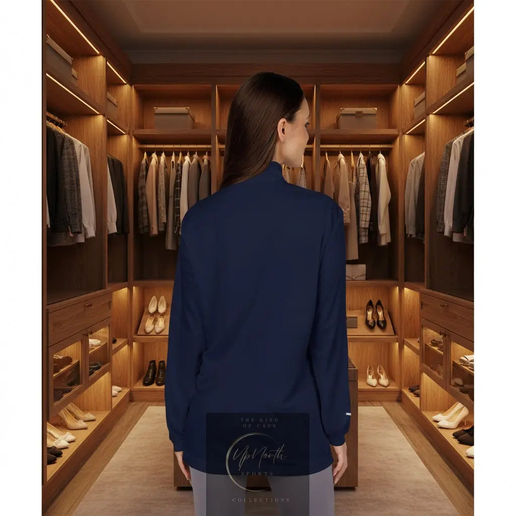 Woman model showing backside of a Adidas® MONACO Navy Quarter-Zip Pullover - UpNorth SPORTS
