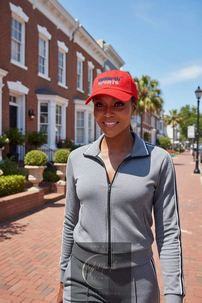 A woman model wearing a Red UpNorthSPORTS Navy White Baseball Cap - UpNorth SPORTS