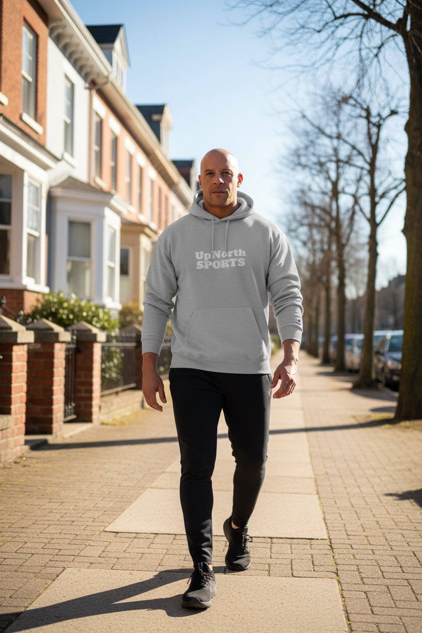 Male model wearing a Grey UpNorth Sports White Champion Hoodie - UpNorth SPORTS