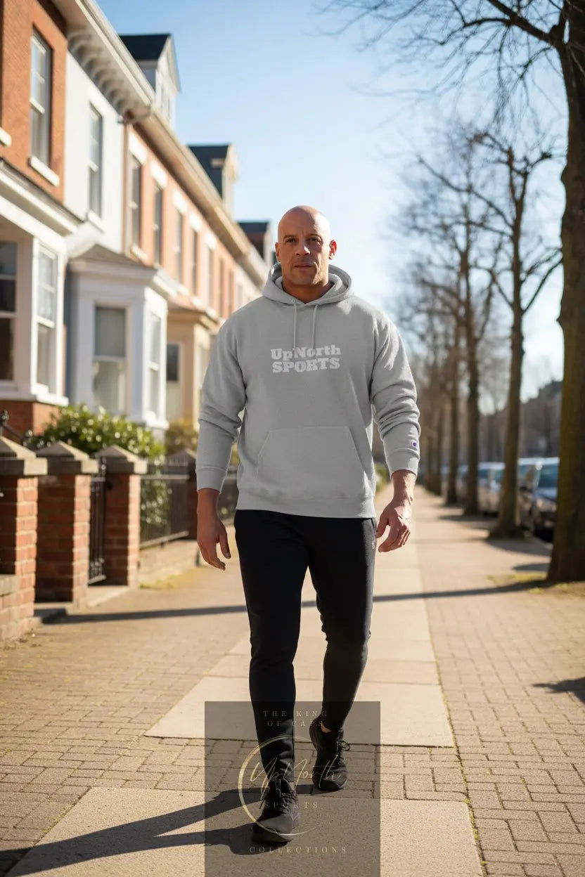 Male model wearing a Grey UpNorth Sports White Champion Hoodie - UpNorth SPORTS