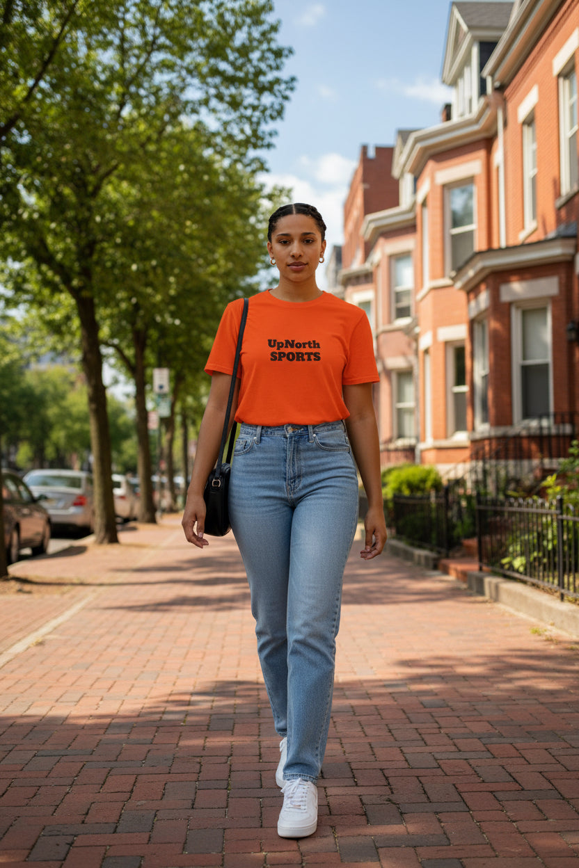 Woman model wearing an Orange Black Unisex T-Shirt - UpNorth SPORTS
