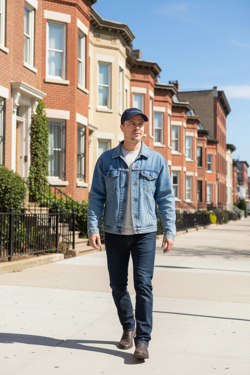 Male model wearing a Dark Navy Paparazzi Baseball Cap Grey Embroidery front - Paparazzi Original