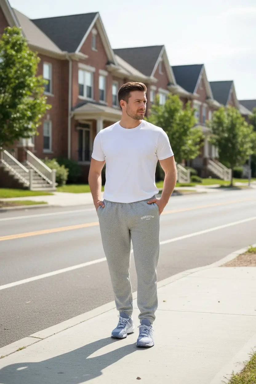 Male model wearing Adidas Joggers American Edition Grey Heather - UpNorth SPORTS