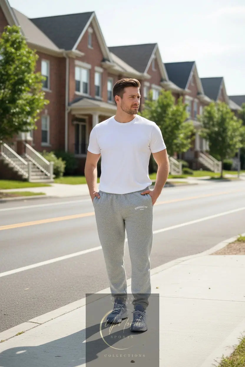 Male model wearing Adidas Joggers American Edition Grey Heather - UpNorth SPORTS