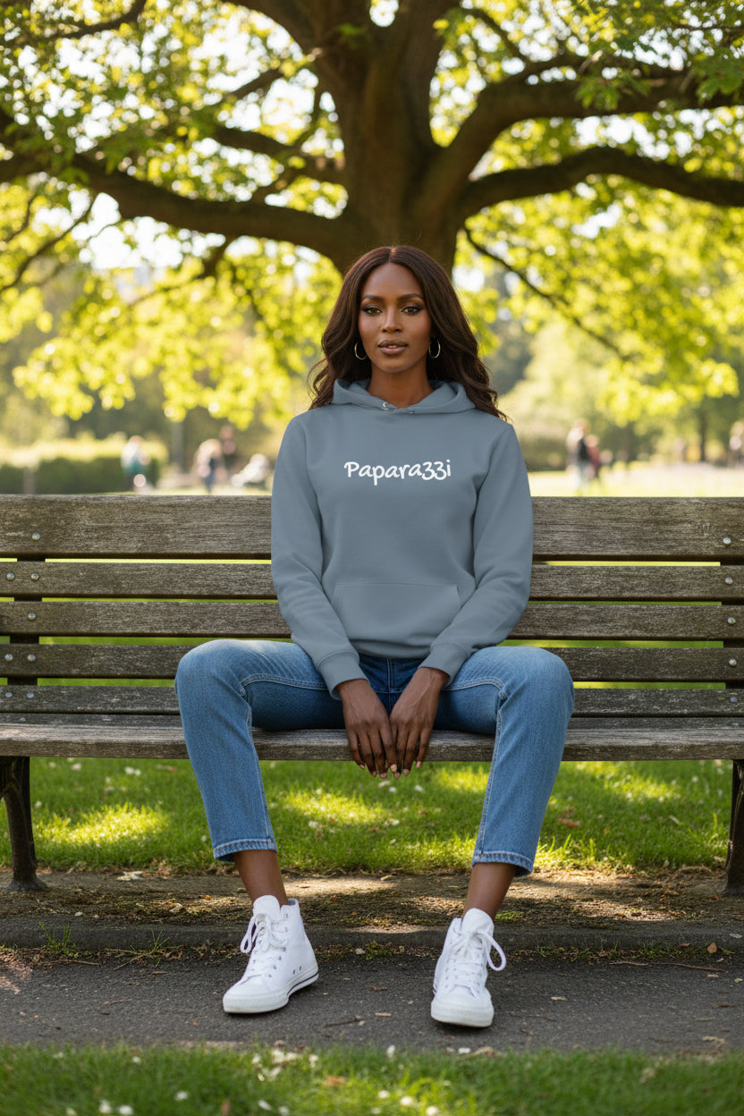 Woman model wearing a White Paparazzi Nordic blue Hoodie - Paparazzi Original