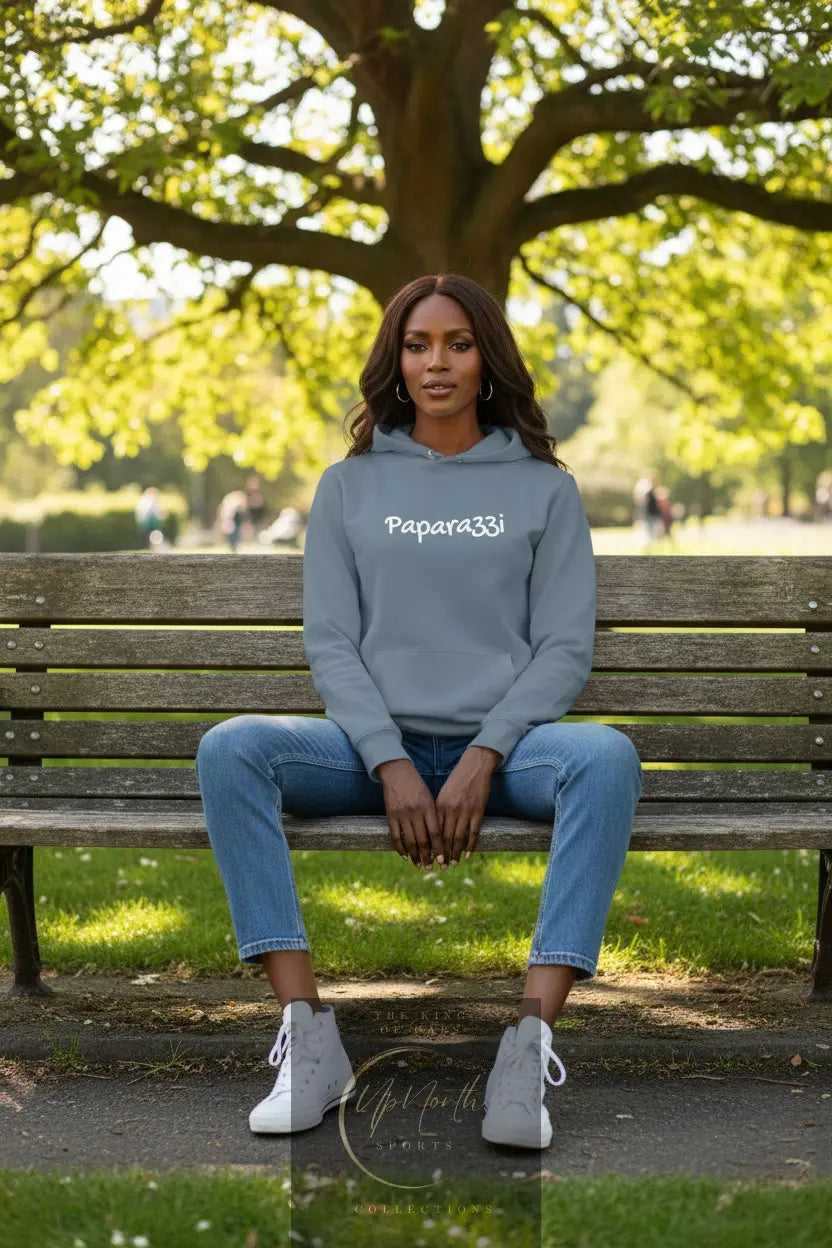Woman model wearing a White Paparazzi Nordic blue Hoodie - Paparazzi Original