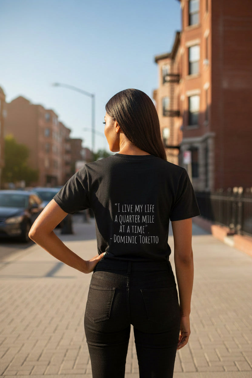 Woman model wearing a Dom Toretto MILE Black T-shirt showing backside - UpNorth SPORTS