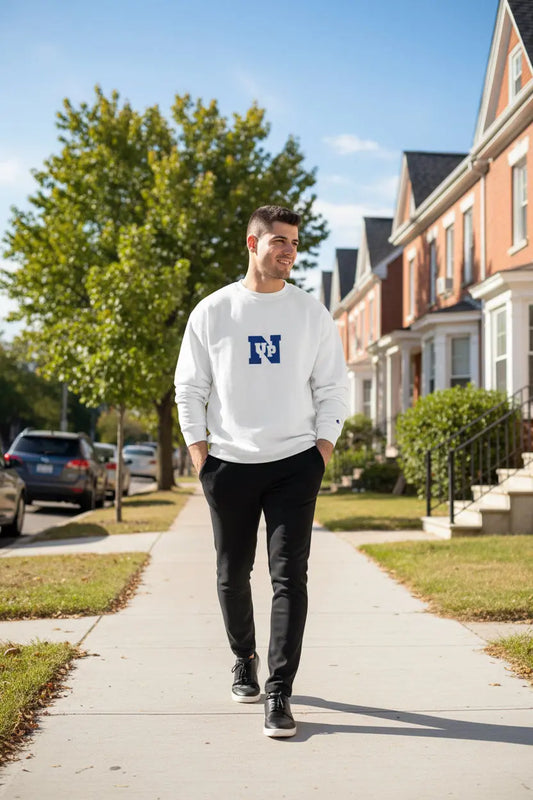 Male model wearing a White UpN Champion Sweatshirt - UpNorth SPORTS