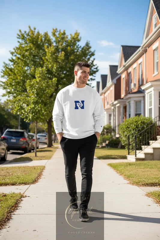 Male model wearing a White UpN Champion Sweatshirt - UpNorth SPORTS