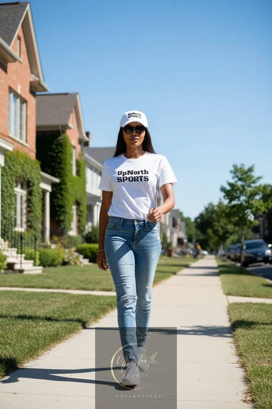 Woman model wearing a Black on White Unisex T-shirt - UpNorth SPORTS