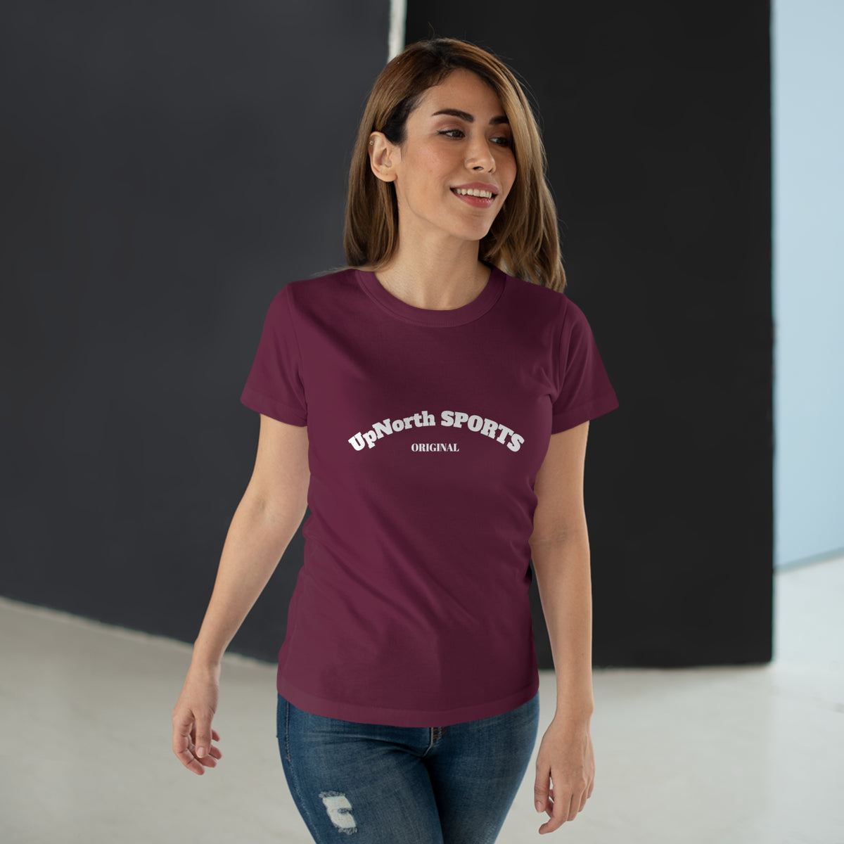 Female model wearing a Burgundy White Women T-Shirt showing front - UpNorth SPORTS