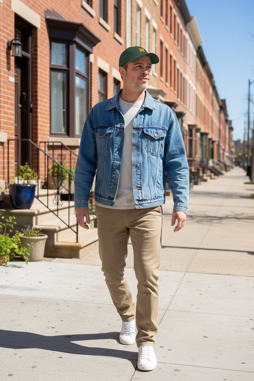 Male model wearing a Dark Green Old Gold UpN Baseball Cap front - UpNorth SPORTS