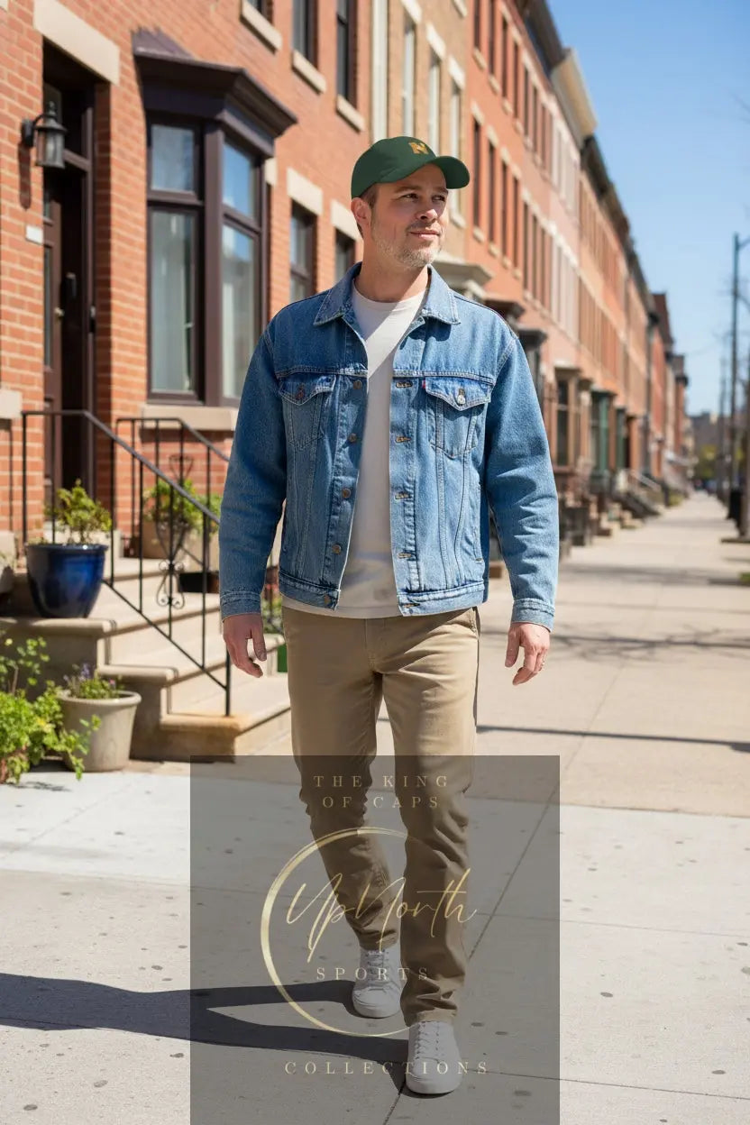 Male model wearing a Dark Green Old Gold UpN Baseball Cap front - UpNorth SPORTS