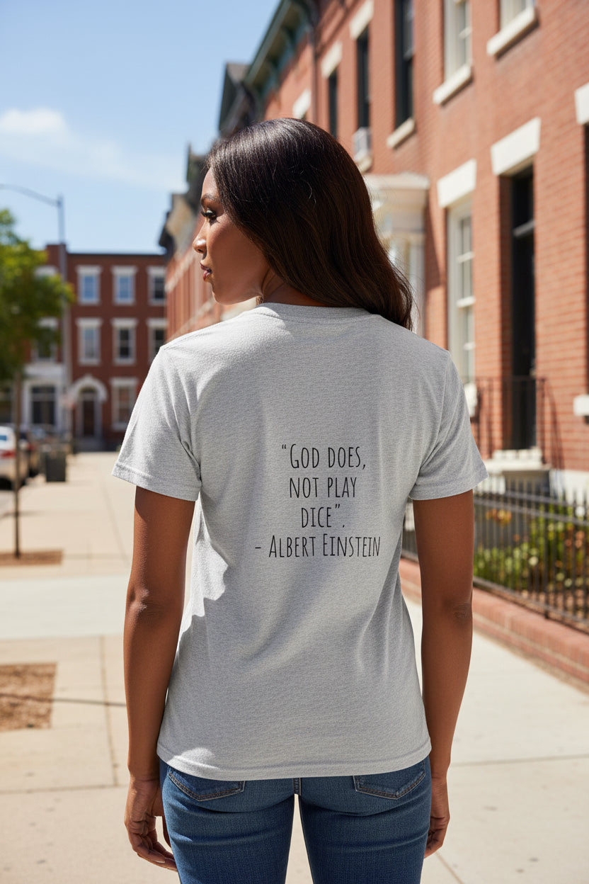 Woman model wearing a Heather Grey Albert Einstein Quote White T-shirt showing backside - UpNorth SPORTS
