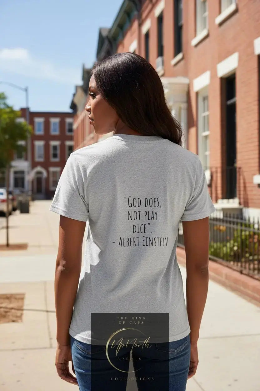 Woman model wearing a Heather Grey Albert Einstein Quote White T-shirt showing backside - UpNorth SPORTS