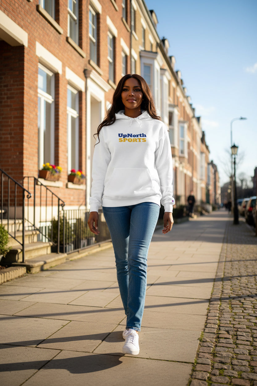 Woman model wearing a White Hoodie from Champion Sweden Special Edition - UpNorth SPORTS